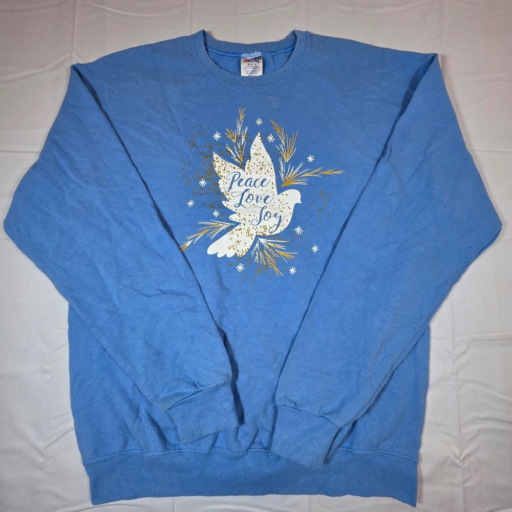 Jerzees NuBlend Peace Love Joy Dove Graphic Sweatshirt Blue Medium Holiday